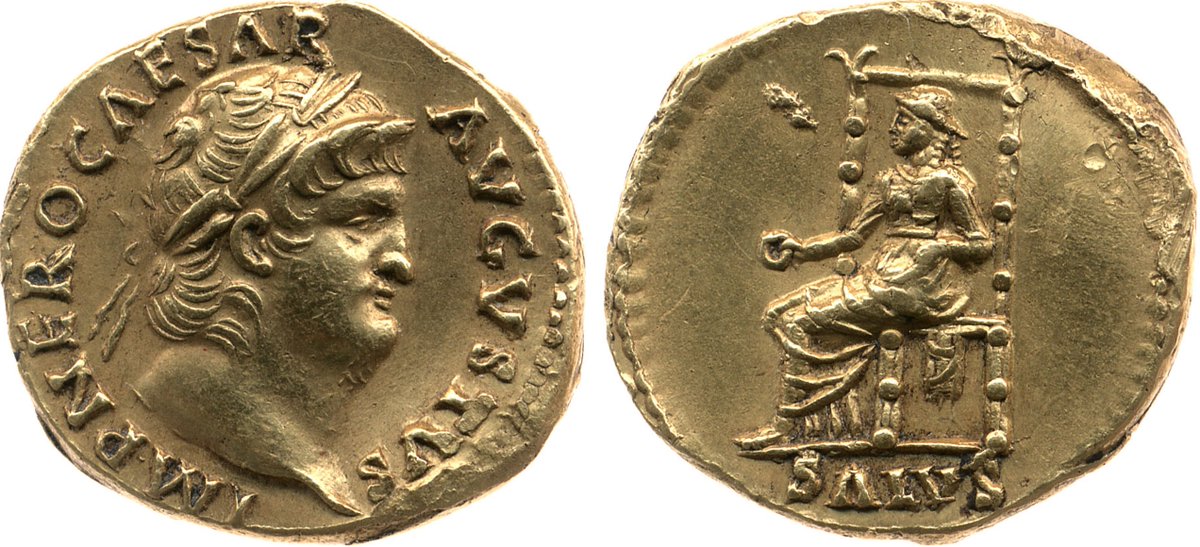 The coins from the final years of his reign, such as this aureus of AD 66-67, show Nero approaching the age of 30. He is heavy-set to say the least in this portrait.Image: RIC Nero 66; British Museum (R1874,0715.9). Link -  http://numismatics.org/ocre/id/ric.1(2).ner.66