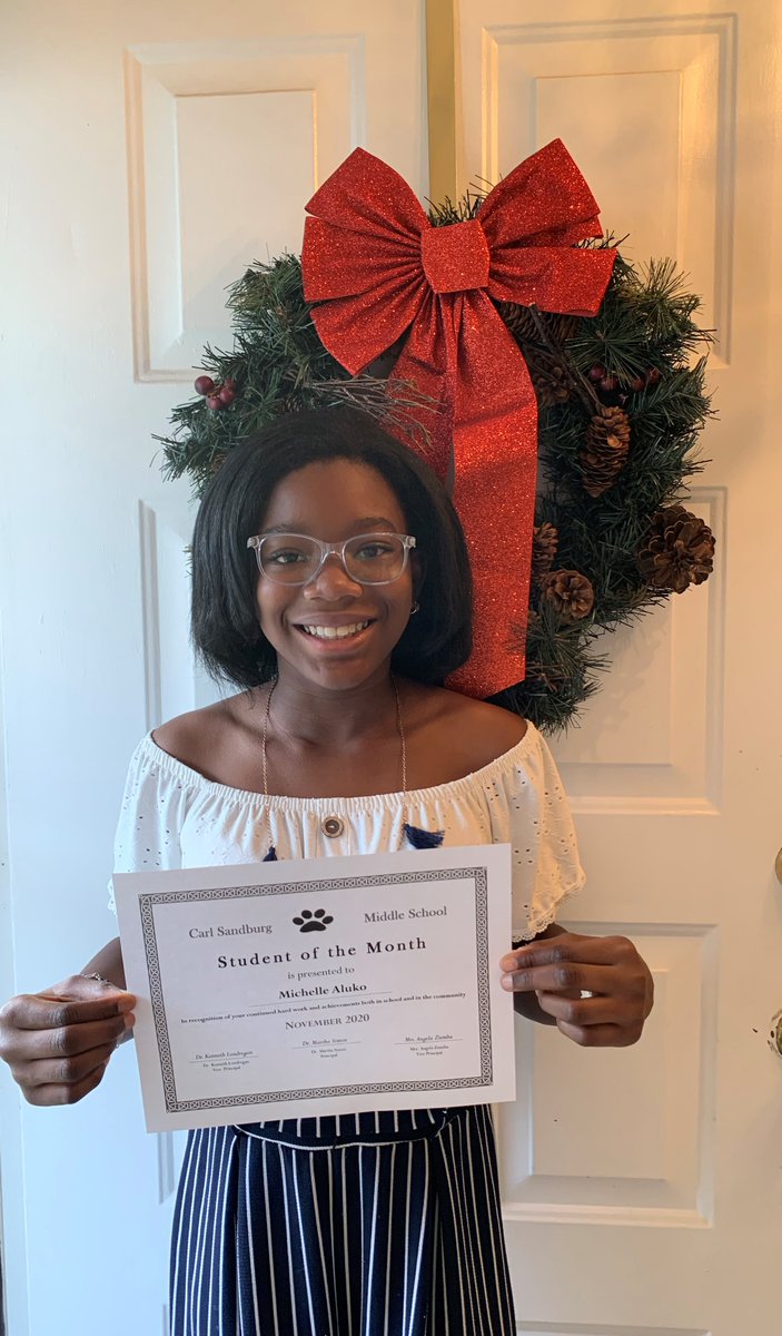 DrLSandburgVP's tweet photo. Congratulations to 6th grade student Michelle Aluko, our November Carl Sandburg Middle School Student of the Month.  It is extremely rare for a 6th grade student to earn this honor  Michelle is an outstanding student, role model, and leader.Keep up the great work! #Sandburgstrong https://t.co/SlKEoucDTP