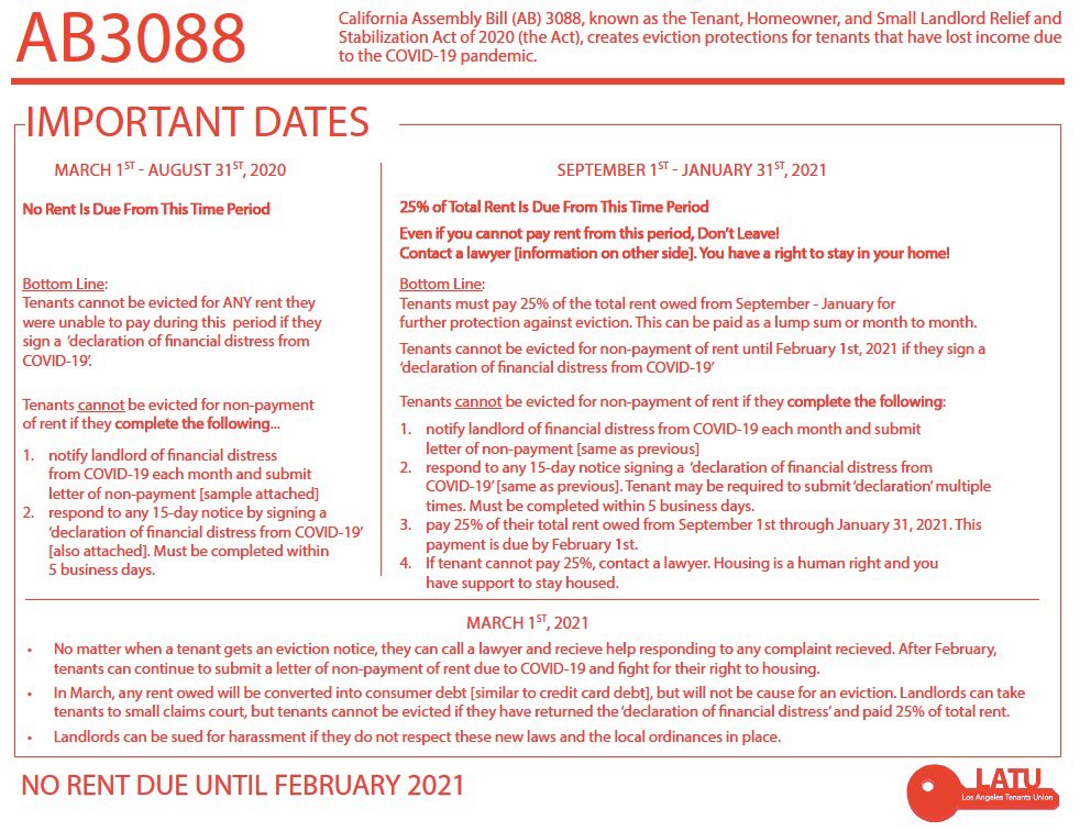 If you, or anyone you know in CA, are fighting to say in your home during  #COVID19 there are policies in place to protect you. This flyer explains the protections ensured under AB3088. Thanks  @LATenantsUnion and  @angstondeck for this great resource. 14/14