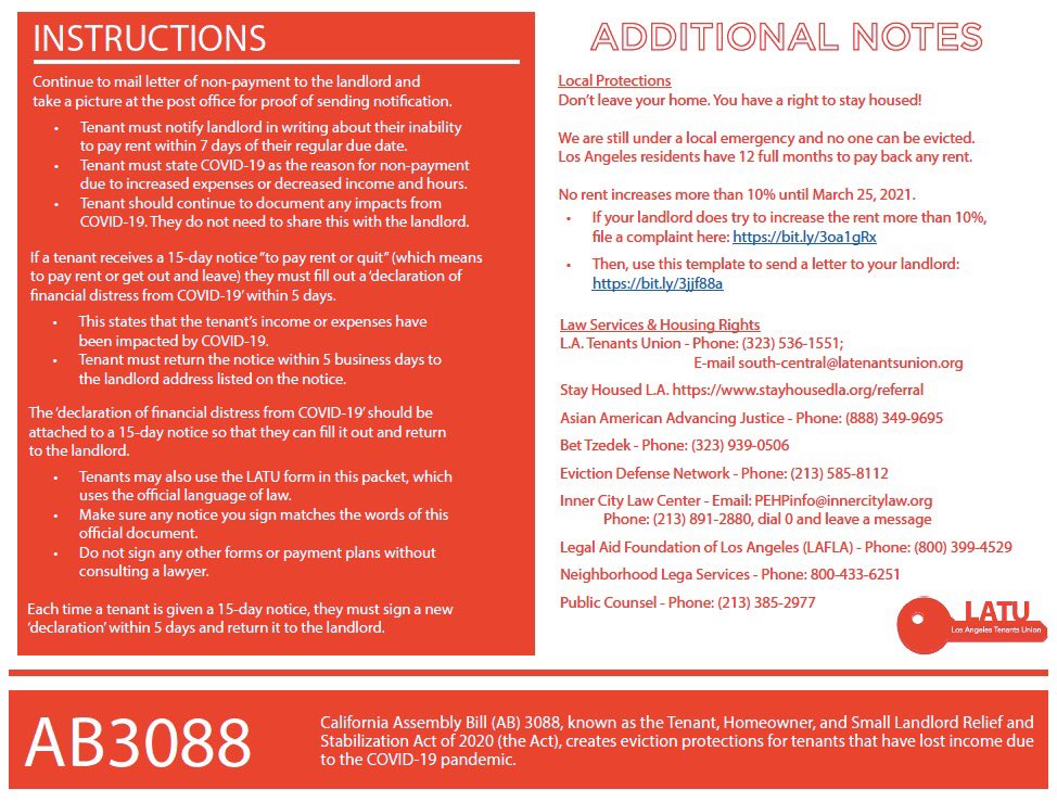 If you, or anyone you know in CA, are fighting to say in your home during  #COVID19 there are policies in place to protect you. This flyer explains the protections ensured under AB3088. Thanks  @LATenantsUnion and  @angstondeck for this great resource. 14/14