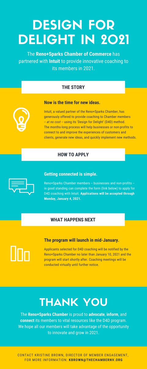RSChamberNV's tweet image. We have an exciting opportunity to tell you about. Our partner, @Intuit, is offering free coaching to our members in 2021 through their #Design4Delight program. If you need fresh ideas, or to get &quot;unstuck,&quot; this is a great opportunity. Apply today: conta.cc/3g9abz5