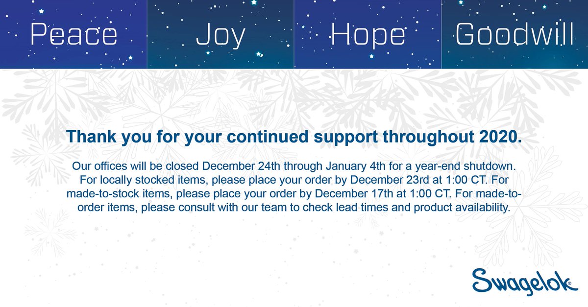 Thank you for your support during such a challenging year. Our offices will be closed for a year-end shutdown beginning December 24th. Please submit your orders before the following deadlines!