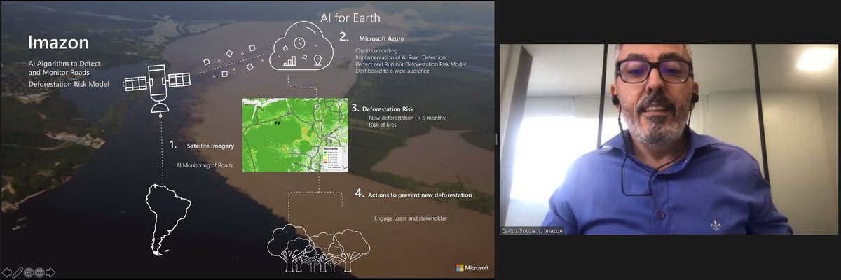 Finishing out this great session, Dr. Carlos Souza Jr. of  @Imazon is presenting on the use of  #EarthObservation data +  #AI to monitor [illegal] road development in the  #Amazon. This includes work w/  @Microsoft's AI for Earth. https://twitter.com/BZgeo/status/1338896454979608582