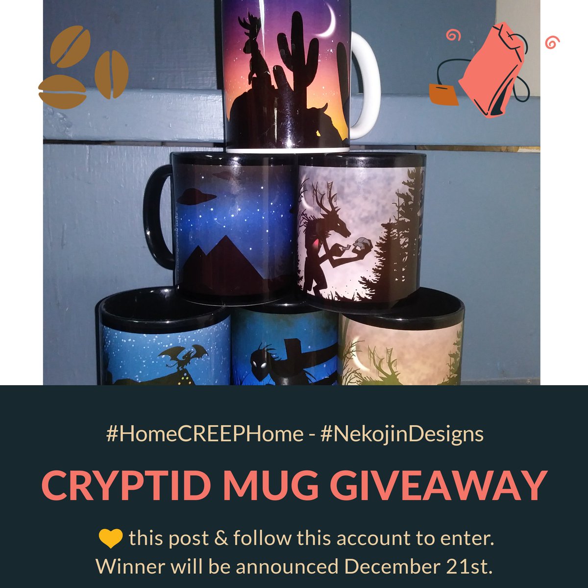 nekojindesigns's tweet photo. Want to have coffee with a cryptid or creature of mystery? Enter our #GIVEAWAY!
1 - like this post
2 - comment with your fave creature
3 - follow this account
4 - winner randomly selected on 12/21
Pls share & RT!
โ #cryptidaesthetic #giftidea https://t.co/KRs6xPYFgz