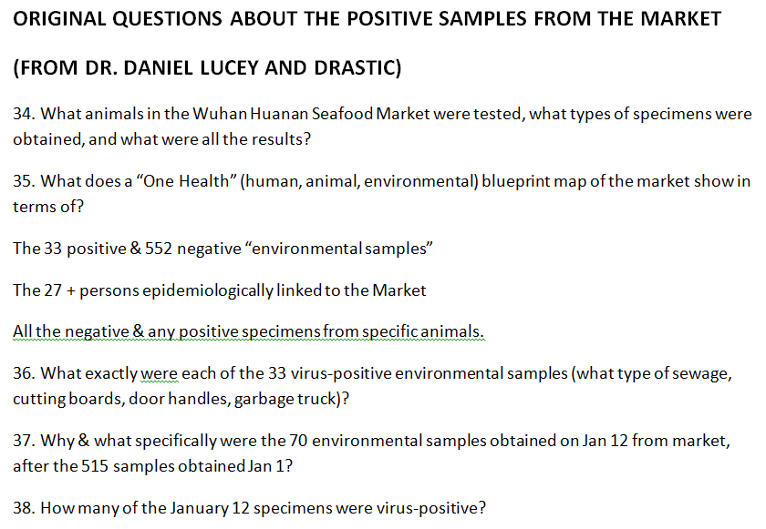 2. The Market Map - The 18 Original QuestionsHere are the original 18 questions prepared by DRASTIC and Dr. Daniel Lucey about the environmental samples that tested positive at the Seafood Market.