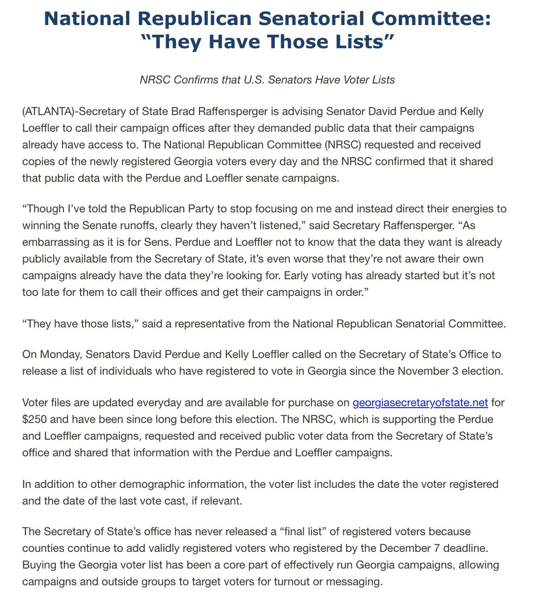 Raffensperger drops “As embarrassing as it is for Sens. Perdue and Loeffler not to know that the data they want is already publicly available from the Secretary of State, it’s even worse that they’re not aware their own campaigns already have the data they’re looking for"  https://twitter.com/stphnfwlr/status/1338467018463391745