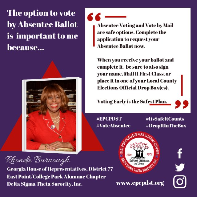 epcpdst's tweet photo. 🔺🗳️🔺Delta Absentee Voting Tuesday
Why is the option to vote by Absentee Ballot important to you?
See what our chapter member, @StateRepRhondaB, GA House of Representatives - District 77, said below.
#EPCPDST #DropItInTheBox #Vote #ItsSafeItCounts #AbsenteeVoting #WeVoteD9 https://t.co/5K4Gx5Y9EO