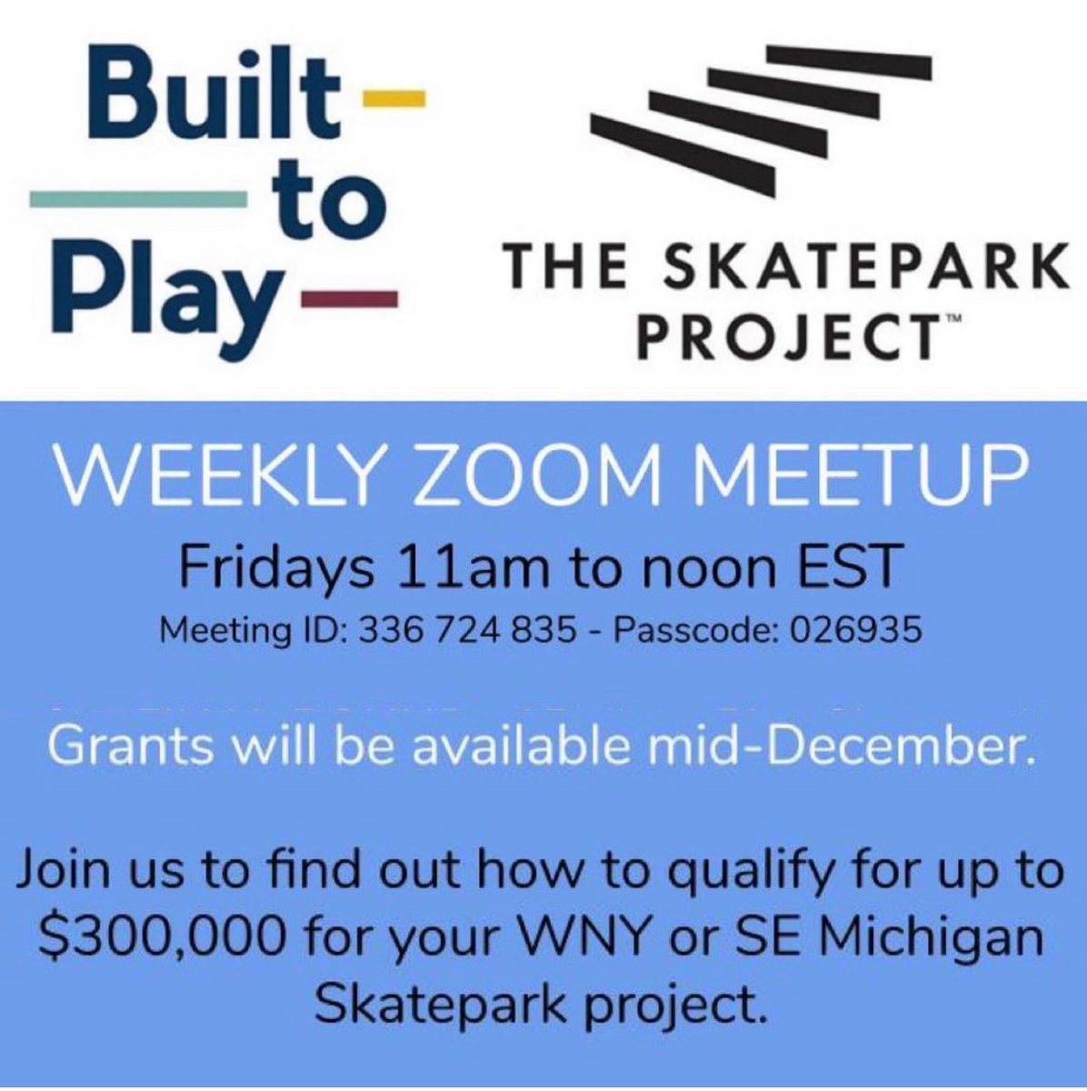 Interested in building a skatepark in your WNY or SEMI community? Our #BuiltToPlay partners @skatepark have opened their winter skatepark grant applications! Join their weekly Zoom meetups on Fridays at 11am to answer your app questions. Email contact@skatepark.org for more info.