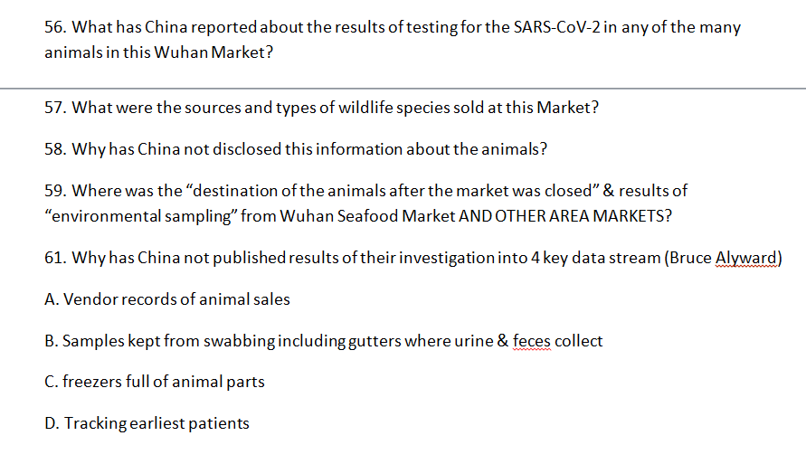 2. The Market Map - The 18 Original QuestionsHere are the original 18 questions prepared by DRASTIC and Dr. Daniel Lucey about the environmental samples that tested positive at the Seafood Market.