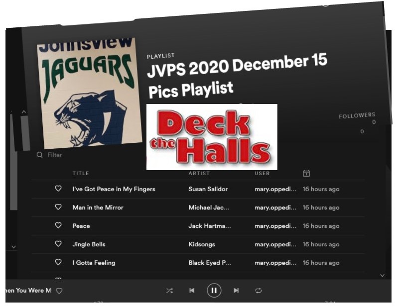 Today at JVPS we're "Decking the Halls" (and the School Yard at recess) with our Staff &amp; Student 'Caring &amp; Fun Fav's' playlist! It's been toe tappin' fun from the get go, starting with "I've got peace in my fingers" by Susan Salidor. Stay 'tuned in', for kindness galore at JVPS!