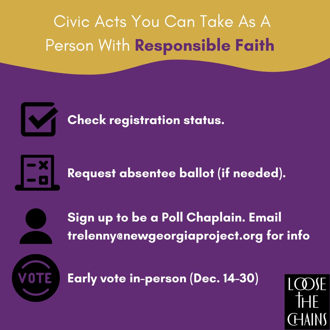 NGPFaith's tweet photo. Here are some faith and civic acts that will help you to cast your one vote for the GA Runoff. 

Also, sign up to be a Poll Chaplain today! Email Trelenny Joiner at trelenny@newgeorgiaproject.org for more info. 

#OneVote #FaithandCivicTuesday https://t.co/Sy2E9nKSnl
