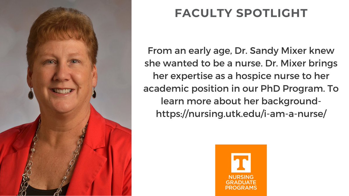 Faculty Spotlight: Dr. Sandy Mixer shares more information about her research interests. For more info: nursing.utk.edu/i-am-a-nurse/. To apply for fall 2021 admissions: congrad@utk.edu. Application deadline: February 15, 2021. #utkVOLNurse, #utkphdnurse, #utkdnpnurse
