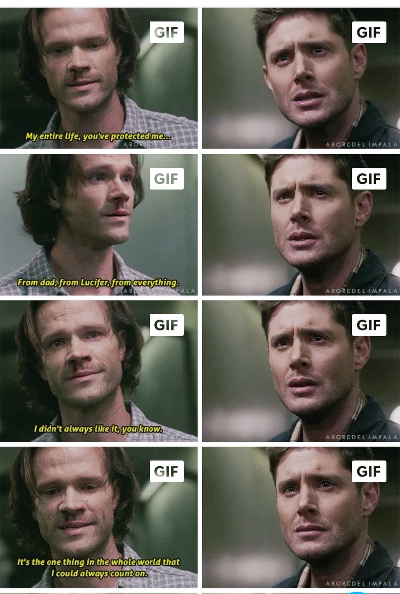 СЭМ: всю мою жизнь, ты защищал меня... от отца, от Люцифера... от всего. знаешь, мне не всегда это нравилось? но это единственное в целом мире, на что я мог бы положиться. единственное, что я когда-либо знал, было правдой. а еще я не могу с этого момента, тоже в тред15х17