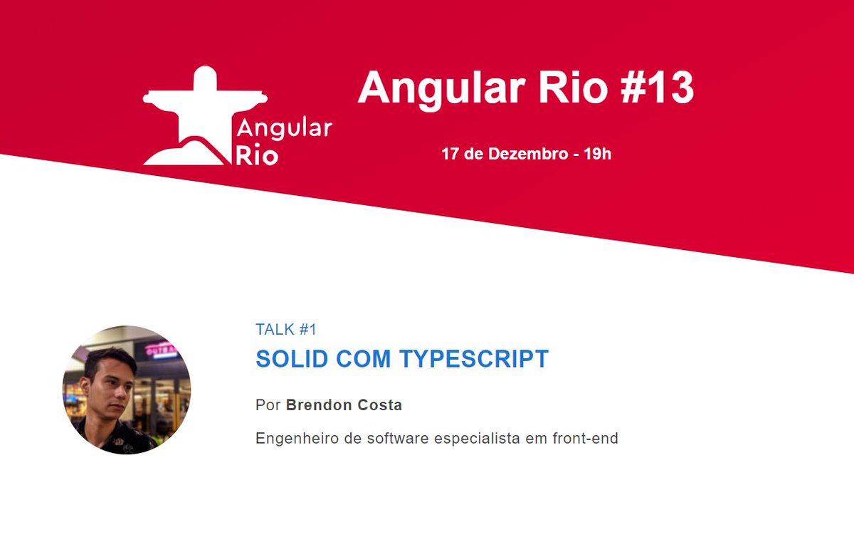 angular_rio's tweet photo. Dia 17, vamos ter nosso evento mensal! Teremos o Brendon Costa falando sobre o famoso SOLID!

Se inscrevam no Evento para serem notificados. Link => https://t.co/fpBniQNRCd

#Meetup #Online #typescript #angularRio #angularjs https://t.co/8DS2kh5Rwm
