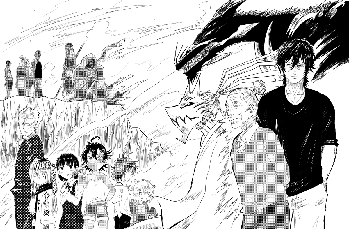 原稿合間の落書き
歴代の埋もれていたオリキャラ達を新連載見開き表紙風に並べて描くとワクワクして超楽しい 