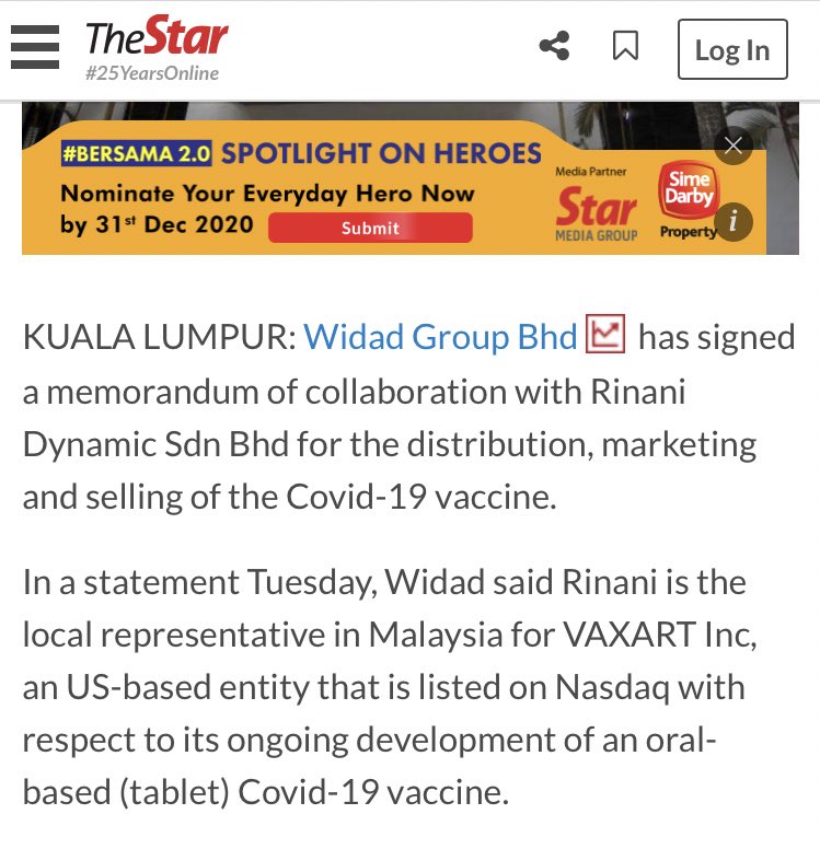 Last week we learned that Vaxart is currently negotiating agreements with India and Mexico for its oral vaccine and this morning we just learned that they now have an official distribution agreement in Malaysia, population 23 million.  $VXRT
