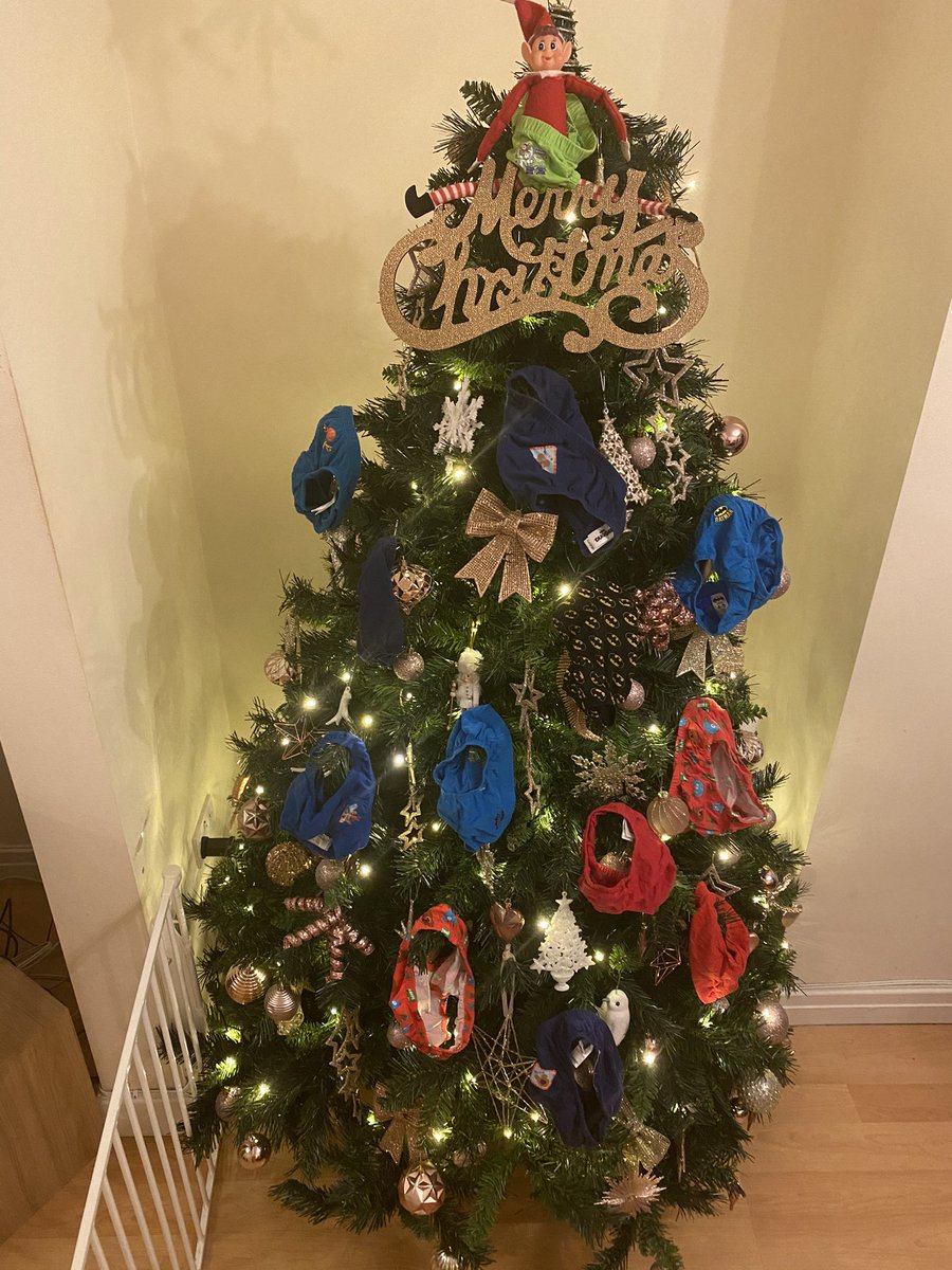 ticslady's tweet image. Henry on @WigToday underpants on tree in background 🙈 they are not my decorations elf did it #elfontheshelf #elfproblems