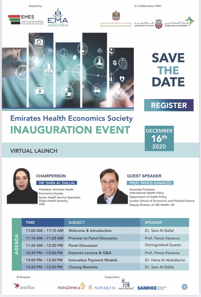 EHES_EMA's tweet photo. Join the Emirates Health Economics Society's Inauguration event tomorrow at 11 am. The event will host a panel discussion by UAE's government regulators and policy makers, a guest lecture by Panos Kanavos &amp; Dr Hana Al Abdulkarim.
Registration link: https://t.co/wnoPUQygXQ
#HEALTH https://t.co/GKN75gdURY