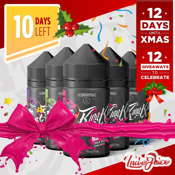Day 3/12 XMAS Giveaways! <a href="/IndeJuice/">IndeJuice</a> <> <a href="/Kingkongvapeuk/">King Kong Vape Juice</a> are giving EACH of the 3 lucky winners 5x50ml shortfills, a variety of Merchandise!   

To Enter: 
1. Follow <a href="/IndeJuice/">IndeJuice</a> &amp; <a href="/Kingkongvapeuk/">King Kong Vape Juice</a> 
2. Like this post 
3. Tag some friends &amp; Retweet!

Merry Christmas!
#10DaysLeft