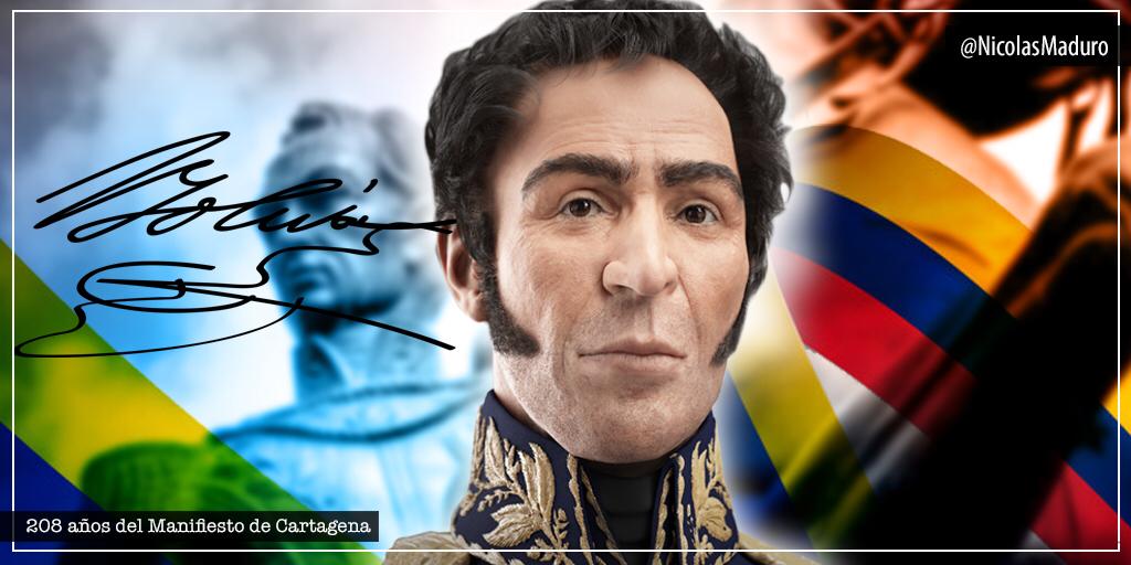 NicolasMaduro's tweet photo. Conmemoramos 208 años del Manifiesto de Cartagena, un documento que recoge el pensamiento integracionista y de unión verdadera, del Padre Liberador. Estamos llamados a profundizar sus ideales para alcanzar la independencia definitiva de los pueblos de nuestra América. https://t.co/vRQ8qHbPEP