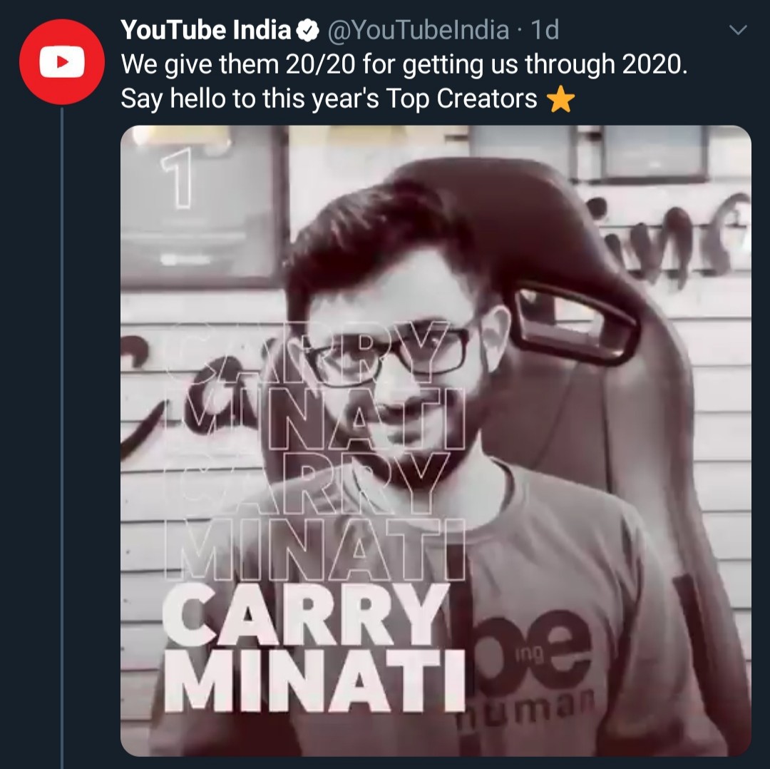 CarryMinati's tweet photo. We are #1 in 3/4 catogaries. Thank you making this terrible year worth it for me &amp; also youtube for acknowledging it. I love you guys, always.❤️

 Ab bus agle saal chaaron category karwadena 🙃 https://t.co/x9ZZdJLH9W