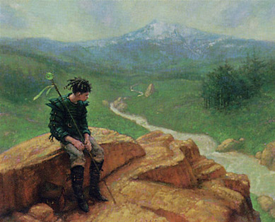 5/8 Green:"Far Wanderings" by Darrell Riche"Dwell on the Past" by Rebecca Guay"Cartographer" by Donato Giancola"Krosan Restorer" by Clyde Caldwell #mtg    #mtgart