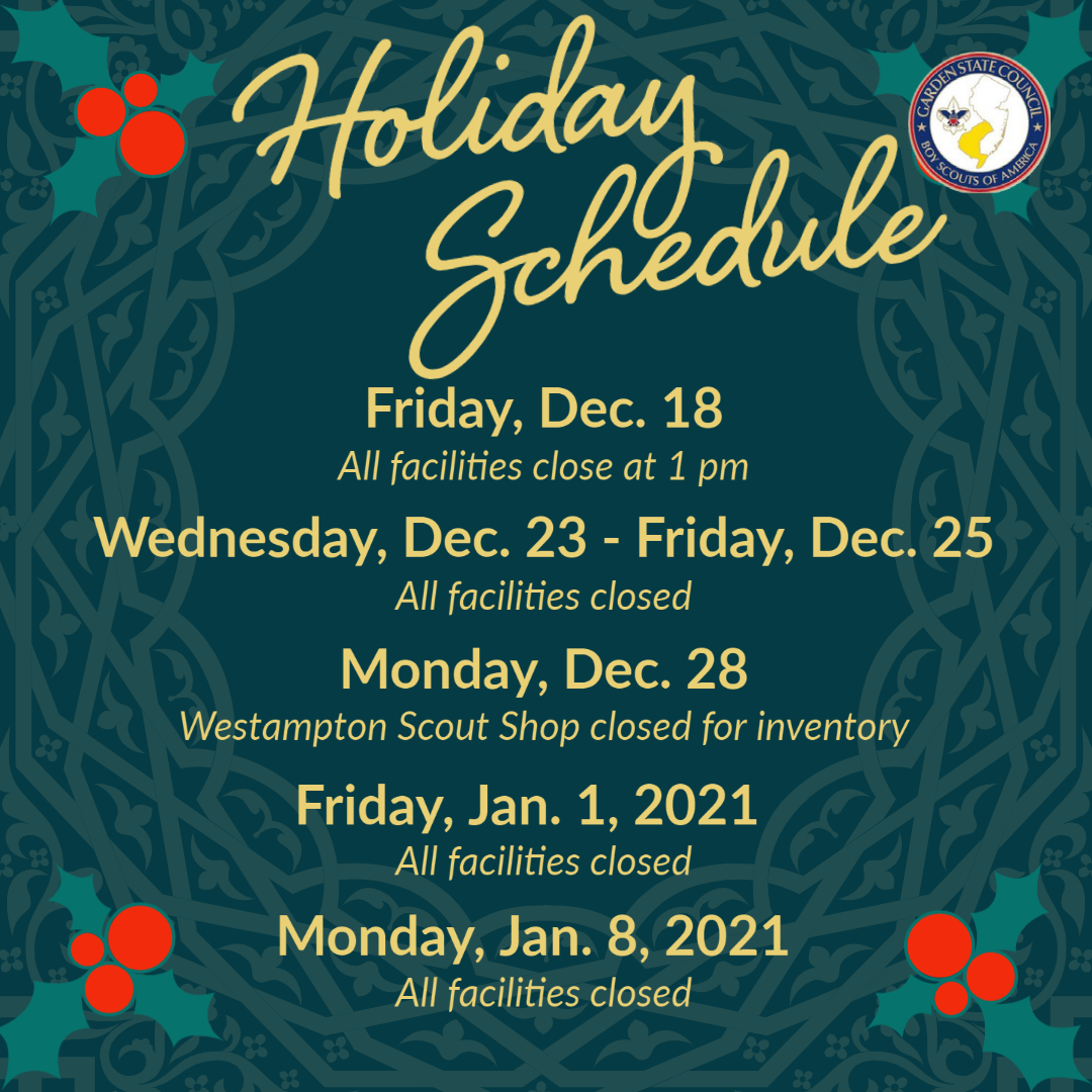 GardenStateBSA's tweet photo. The offices, shops, and camps of Garden State Council have a few holiday related closures planned. If you have business with us over the next few weeks, please save this post and plan accordingly. Access our official calendar on our website: https://t.co/mViRfoD0YN https://t.co/xtgFNmr3ki