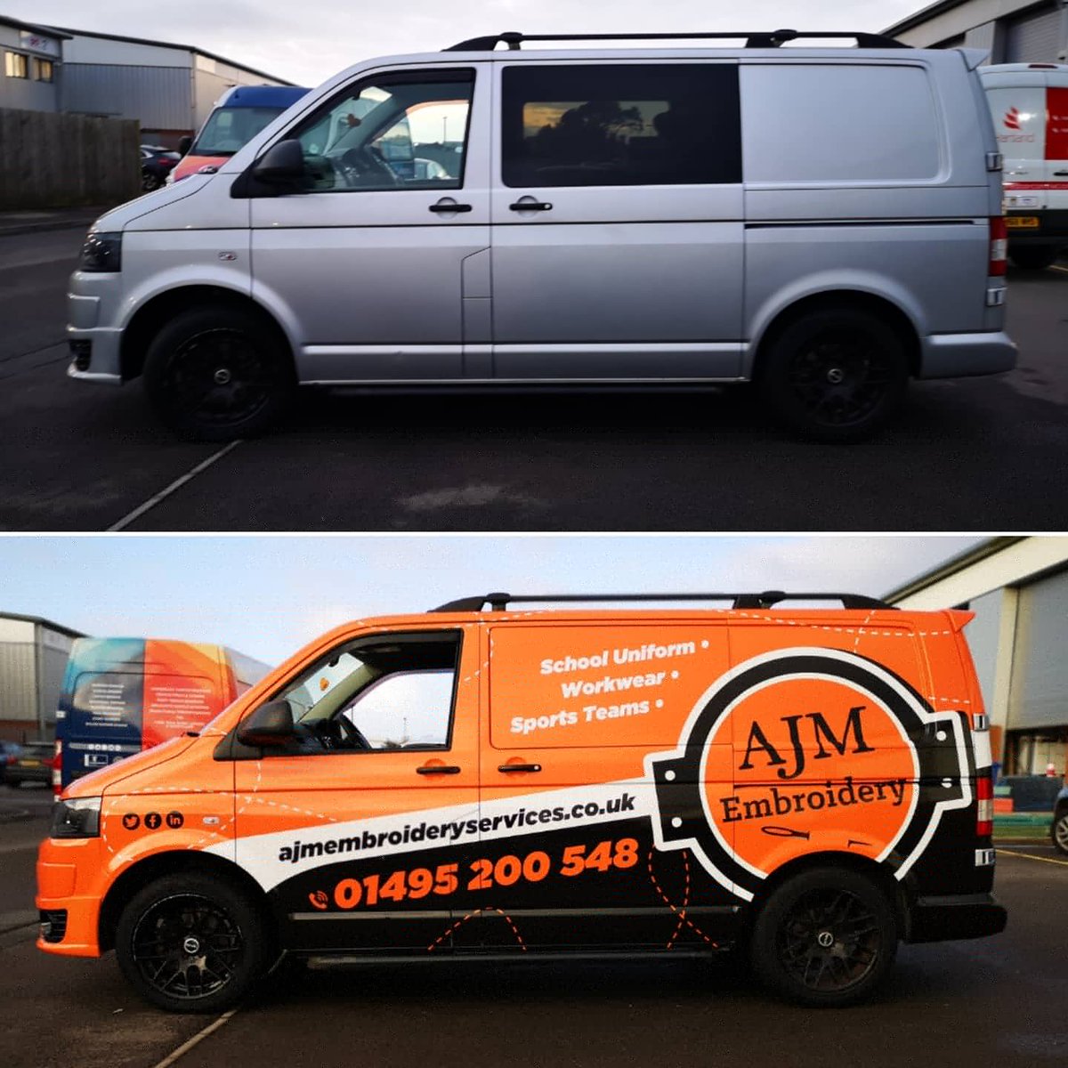 EliteSigns's tweet photo. This is the same van, but now it's dressed to impress for @AJMEmbroidery1 with the #Vehiclewrap #design we created, printed &amp; fitted. 

@rolanddguk / @printmaxuk / @ArlonGraphics /@Spandex_UK / #Arlonslxplus / #vwt5 #crewvan https://t.co/BmZdnHm0B2