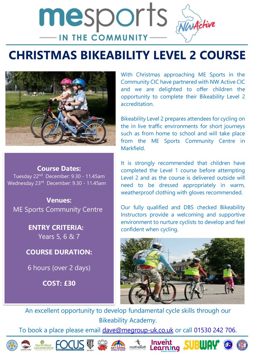 MESportsCIC's tweet photo. Is your child hoping to receive a Bike from Santa?
Missed out on Bikeability because of the pandemic?
ME Sports in the Community CIC are delighted to be able to offer parents the chance for their children to undertake Bikeability accreditation through our approved scheme. https://t.co/IvIANbR1y3