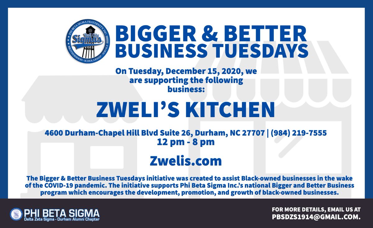 #DurhamCommunity | Today is Bigger &amp; Better Business Tuesday and the Durham Alumni Chapter Of Phi Beta Sigma Inc. is promoting and supporting Zweli's Kitchen located on 4600 Durham-Chapel Hill Blvd Suite, Durham, NC | (984) 219-7555 | 12 pm - 8 pm | zwelis.com