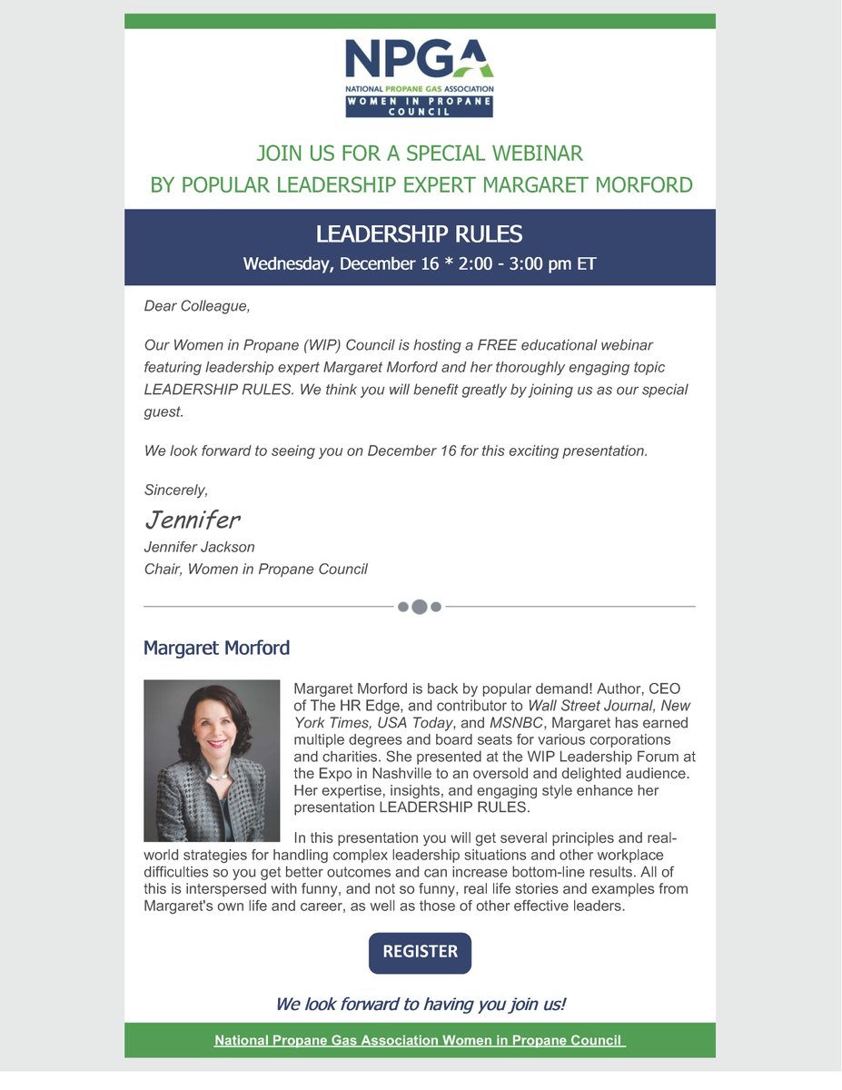 TOMORROW IS THE BIG EVENT!  There is still time to register for our FREE debut webinar featuring Leadership expert Margaret Morford.  Margaret's engaging and humorous style provide real take home value that you can start using immediately.  attendee.gotowebinar.com/register/73138…