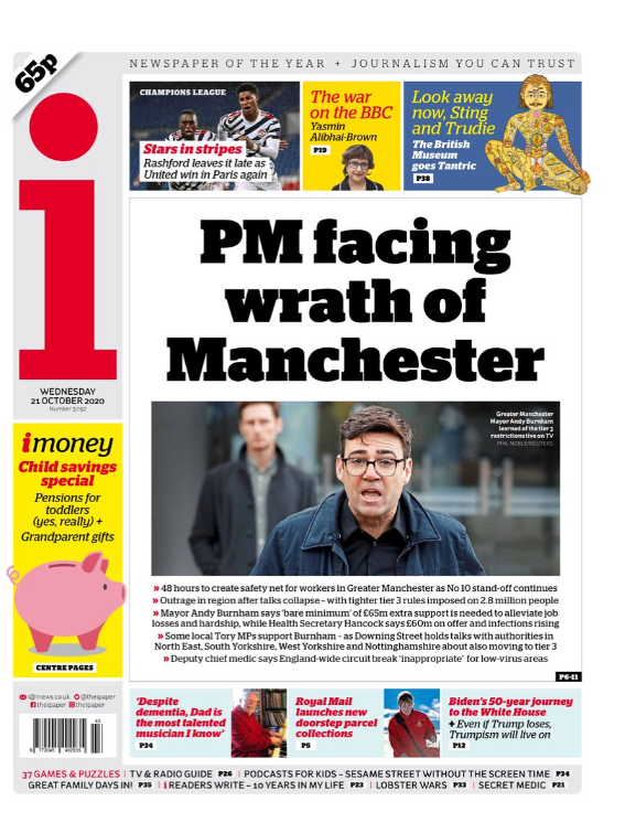 Now,  @AndyBurnhamGM points out he was referring to headlines about *business* concerns. (afaik just one paper led on London business concerns this morning: the FT)I'm replying here not to be pass-agg, but as my list is incomplete. So, from when Manchester went into tier 3 
