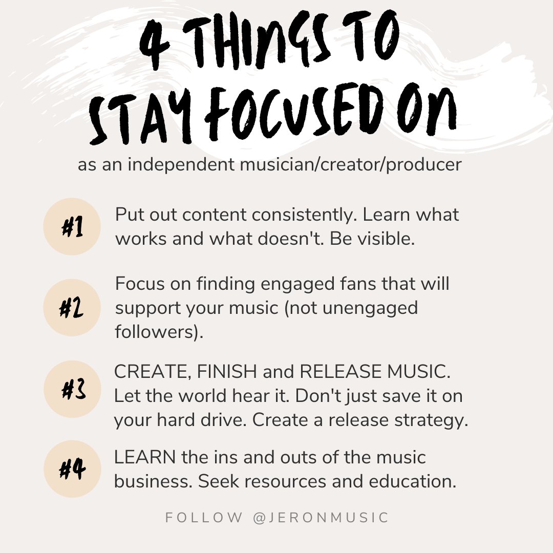 4 Things to Stay Focused On as an Independent Musician, Music Creator or Music Producer. 
#musiciandaily #musicianforlife #indiemusician #musicmotivation #musicadvice #musicconsultant #musicjourney #musicmarketing #jeronmusic #musicmakers #musicmaking #musiccreators