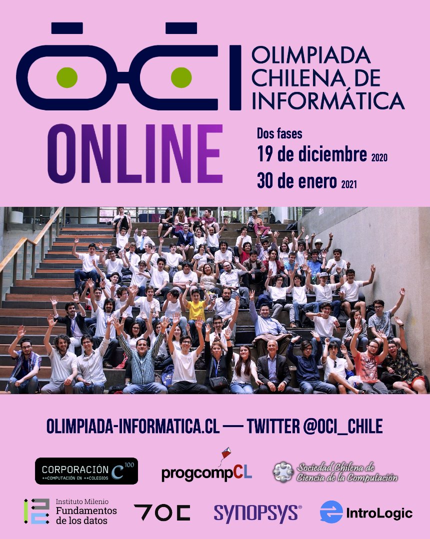 perez's tweet image. En este extraño año 2020, la programación a nivel escolar no puede detenerse! Si aun están en la escuela/colegio/liceo inscríbanse para participar en la #OlimpiadaInformática @OCI_Chile 👩💻🧑💻
Las inscripciones cierran el 17 de diciembre olimpiada-informatica.cl/noticias/oci/r…