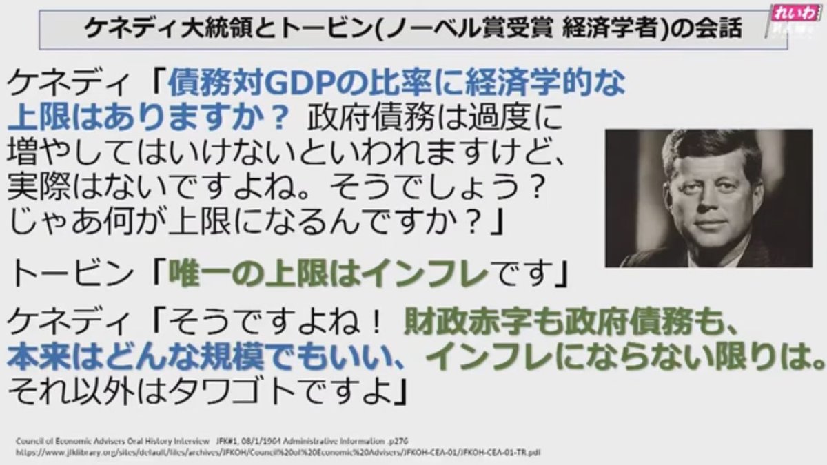まだ納得できない？ではケネディ元大統領(以下、ケ:)とノーベル経済学者トービン(以下、ト:)でどうだ！ ケ:政府債務(=国の借金 )は過度に増やしてはいけないといわれますけど、実際はないですよね？じゃあ何が上限になるんですか？ ト:唯一の上限はインフレです(続く) #国 ...