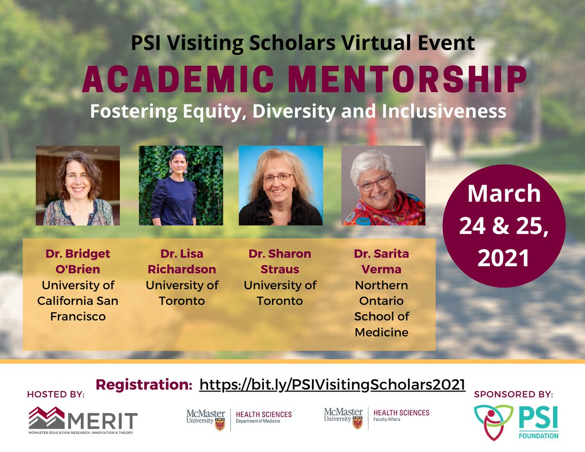 Join us on March 24 &amp; 25 for a virtual offering of the <a href="/PSIFoundation/">PSI Foundation</a> Visiting Scholars event "Academic Mentorship: Fostering #EDI" We are so excited to host Drs. <a href="/bobrien_15/">Bridget OBrien</a>, <a href="/RicharLisa/">Lisa Richardson MD</a>, <a href="/ddsv3/">Dr. Sarita Verma (She/Her)</a> &amp; Sharon Straus! Registration for the plenaries are open: bit.ly/PSIVisitingSch…
