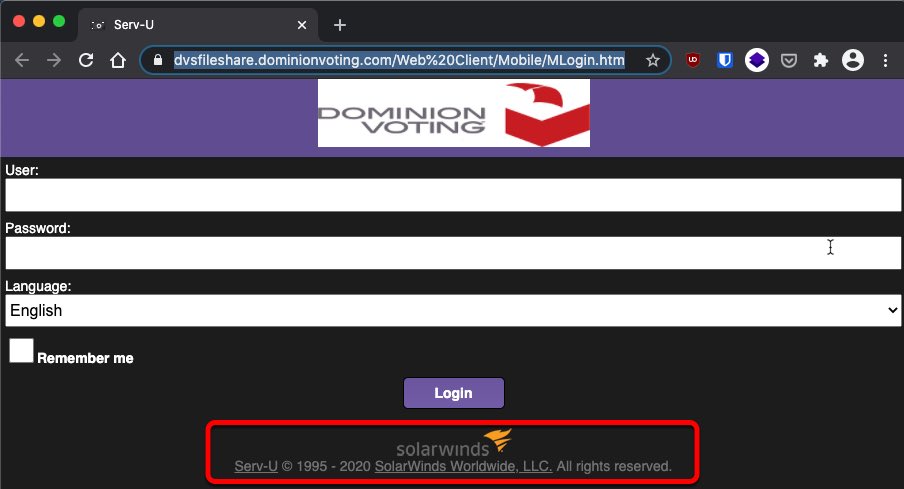 Folks suggesting the Dominion Vosting Systems use  #SolarWinds products are basing it on this public facing system that bares the SolarWinds logo; however, this system runs Serv-U, a secure file transfer utility SW acquired from RhinoSoft in 2012. (2/n)