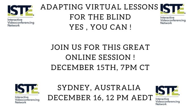 TODAY.... 7PM CT Adapting Virtual Lessons For the Blind, Yes, You Can! Join us December 15/16 sign up here: us02web.zoom.us/meeting/regist…… <a href="/CiTiKristin/">Kristin Edwards</a> <a href="/tmoehring/">Tami Moehring</a> @iste @SimonHeltonISTE <a href="/BenNewsome_/">Ben Newsome</a> <a href="/Hairynomas/">Paul Hieronymus</a> <a href="/JasminPoor1/">Jasmin Poor</a>  <a href="/MrsJudyNguyen/">Judy Nguyen (She/Her)</a>