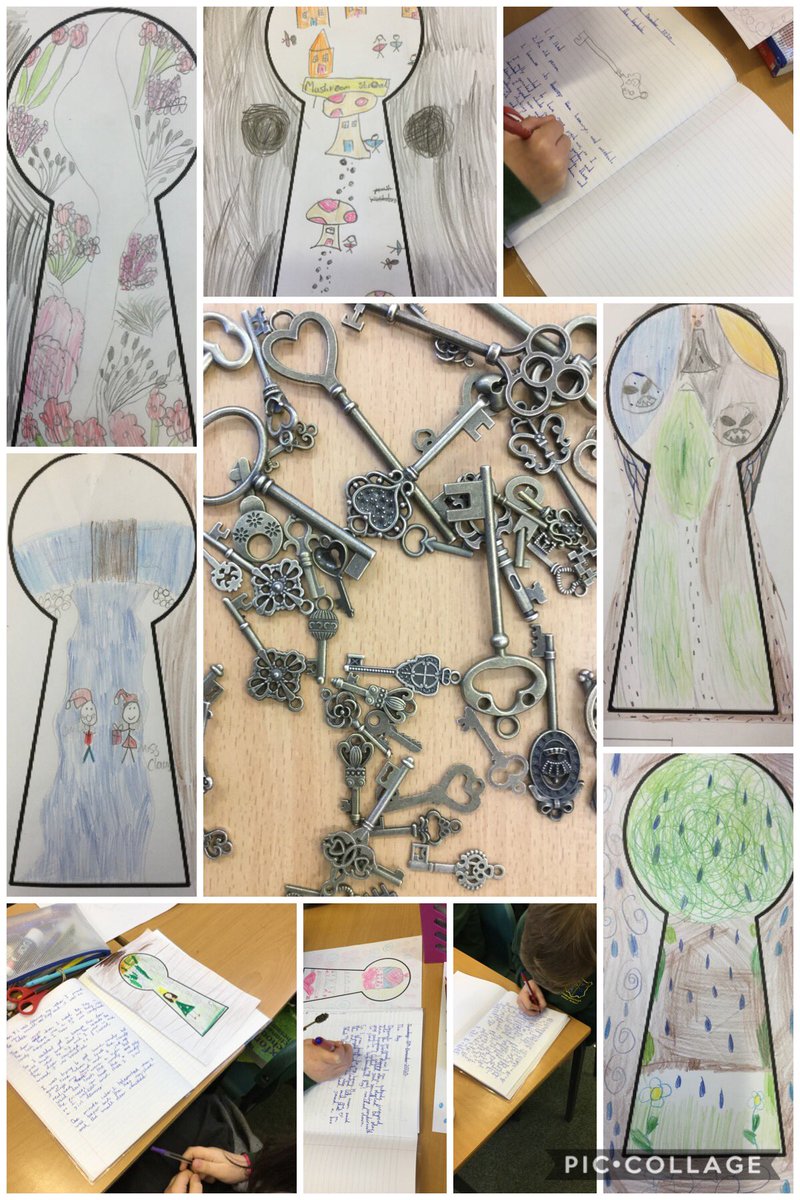 Year4IJS's tweet photo. The simplest props can trigger the imagination. A key each, leading to artwork and then unaided story writing. #UnlockingImaginations #ThroughTheKeyhole @MrGarley πππ#4HG https://t.co/HpzhyC4gkm