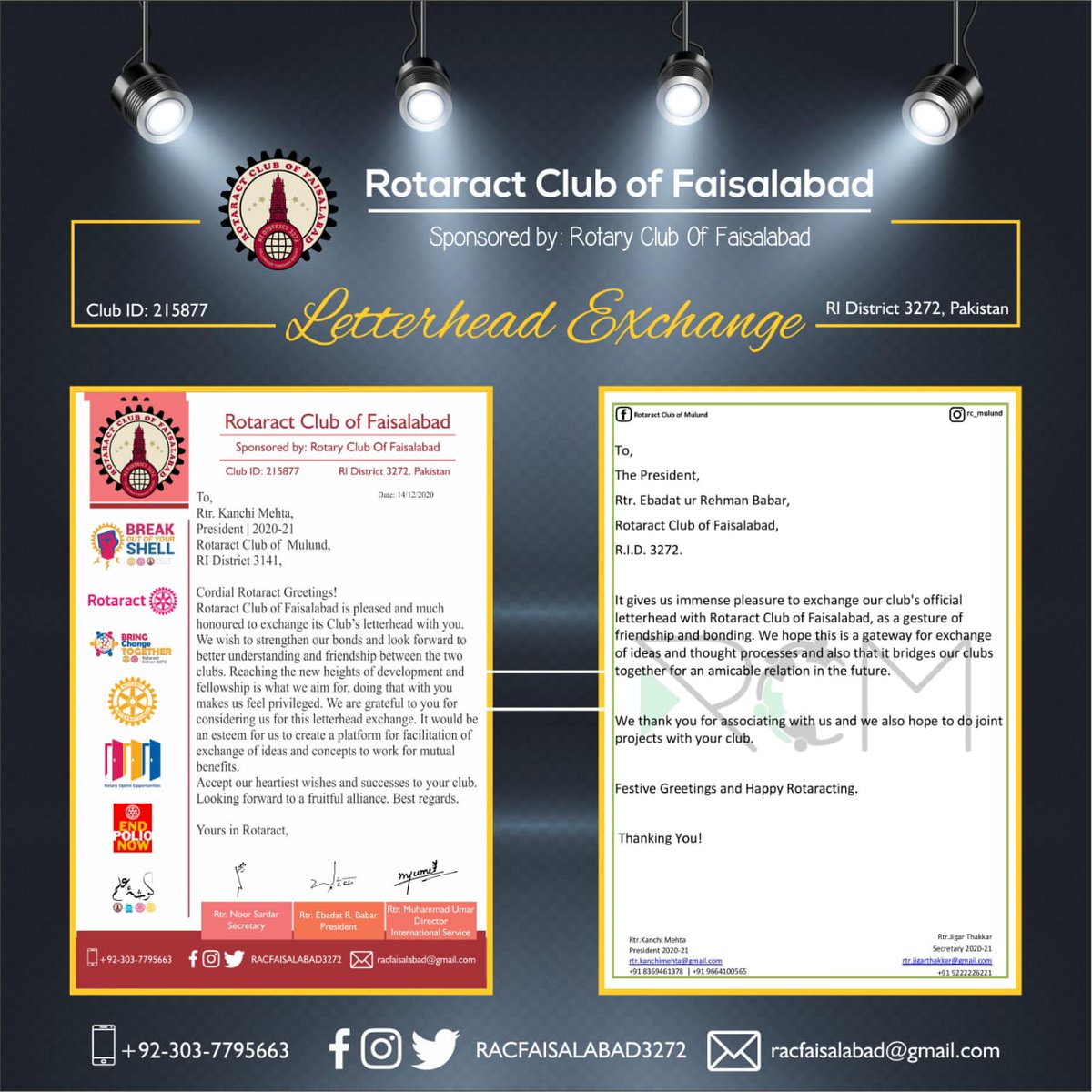 Promotions_In_'s tweet photo. Letterhead exchange of Rotaract Club of Faisalabad, RID 3272 with Rotaract Club of Mulund, RID 3141.
#RACFaisalabad #RID3272 #ChenabZone3272 #BreakOutOfYourShell #RotaractInPakistan #Rotaract #FellowshipThroughService #BringChangeTogether #RotaryInternational #ServiceAboveSelf https://t.co/kWHaWGvTvy