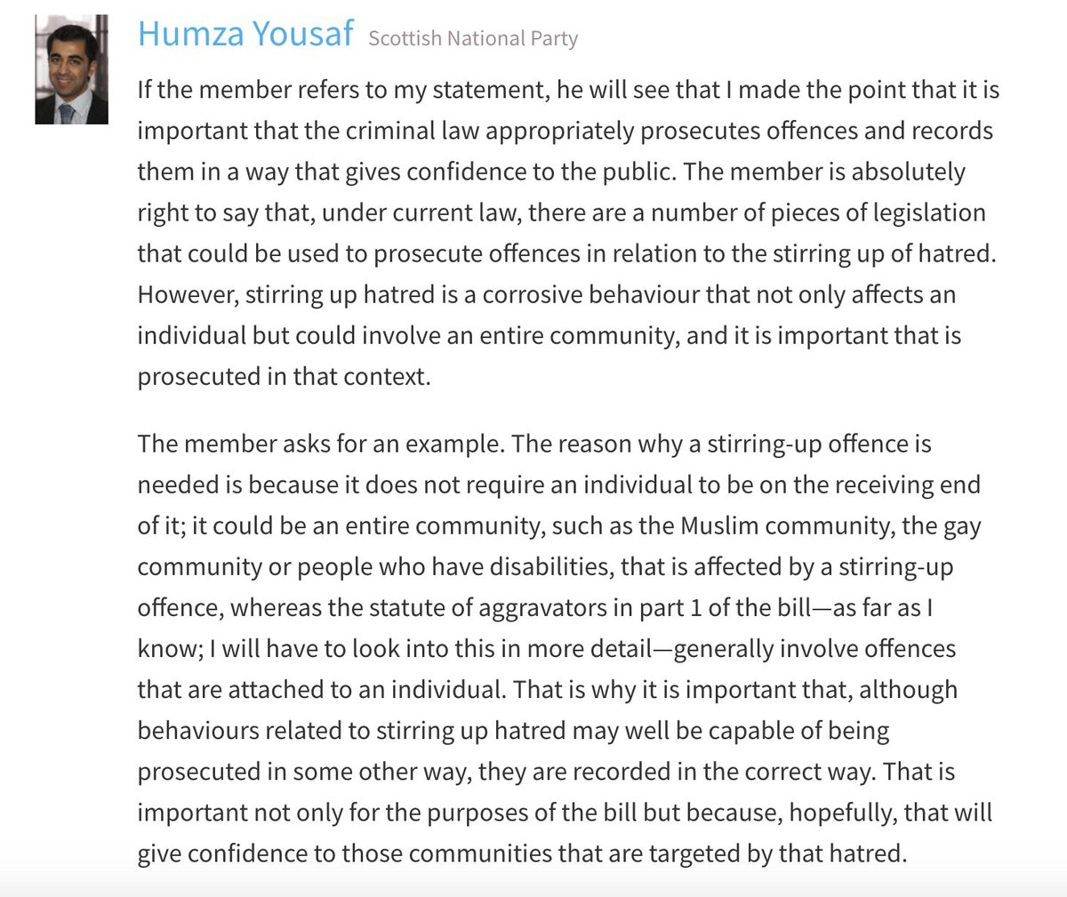 The Cabinet Secretary was unable to give any specific examples, simply responding that "stirring up hatred is a corrosive behaviour that not only affects an individual but could involve an entire community".