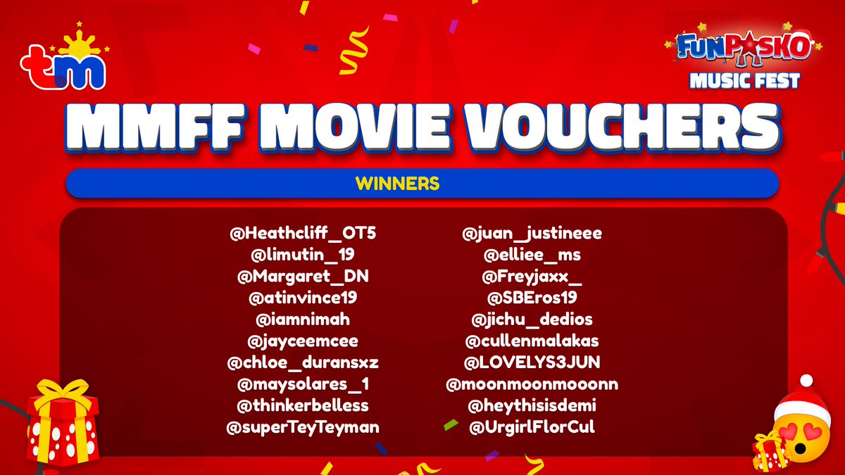 tmtambayan's tweet photo. Ayan, may pang-movie date na kayo, mga ka-TM! Congratulations on winning MMFF movie vouchers sa #TMFunPaskoMusicFest! ๐คฉ Nood na nang sama-sama, kahit magkakalayo! #TMFunPasko #TMxMMFF https://t.co/apzN7FmCZ1