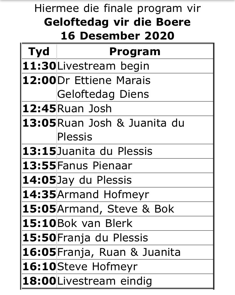 WilnaIce's tweet photo. As jy nog nie kaartjies het vir môre se GRATIS aanlyn #GeloftedagVirDieBoere konsert nie kan jy dit nog op @iTicketsSA kry
https://t.co/WpuVlajiVN
#16Des
@steve_hofmeyr @JduPlessis @Franjadp @Ruan_Josh @BokvanBlerkReal @ArmandHofmeyr @Jay_du_Plessis https://t.co/0mOtSSJtsY
