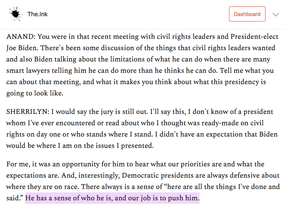 I asked  @Sifill_LDF about her recent meeting with  @JoeBiden alongside other civil rights leaders.And she dropped a piece of wisdom that many activists could perhaps take heart from:She doesn't expect Biden to be where she is. She expects to move him. https://the.ink/p/justice-after-trump