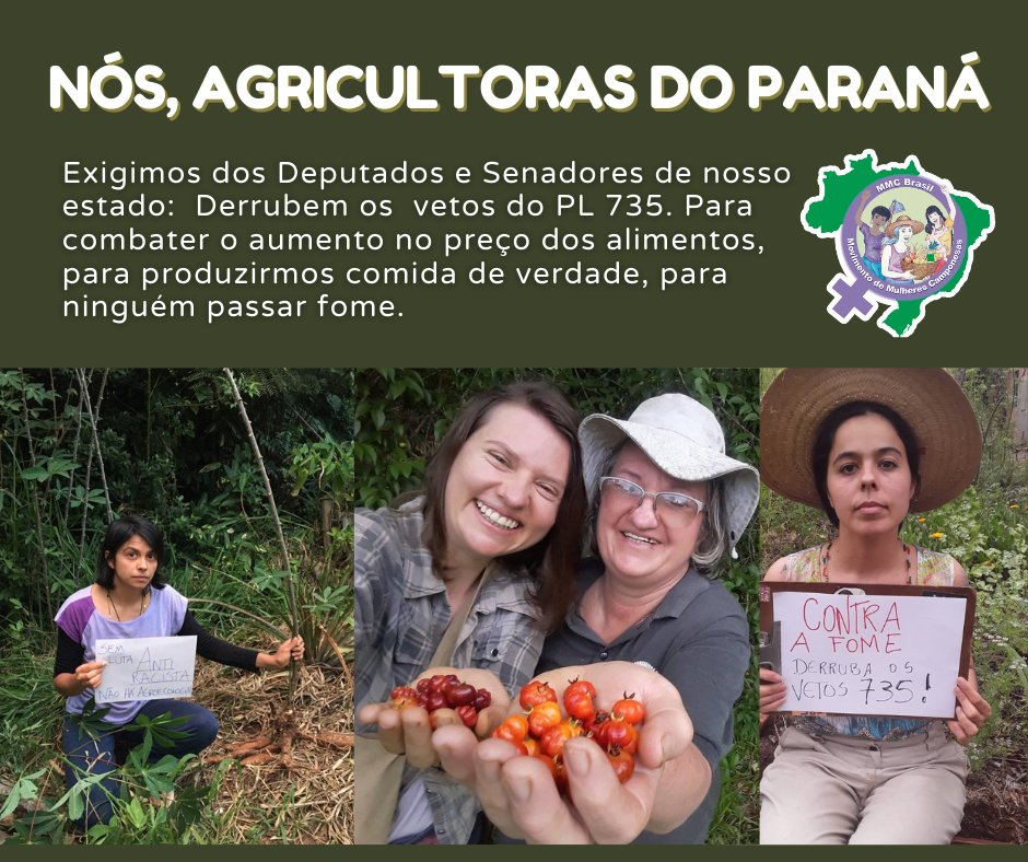 mmcnacional's tweet photo. 🔴Camponesas do Paraná em luta!
Em todo o país, o MMC segue na luta pela derrubada dos vetos ao #PL735.
🚩Defenda a agricultura camponesa! Pressione nas redes de deputados/as e senadores/as do seu Estado pela derrubada dos vetos.#CongressoDerrubeVetos735 #FomeEInflaçãoTemSolução https://t.co/RcajahWjUb