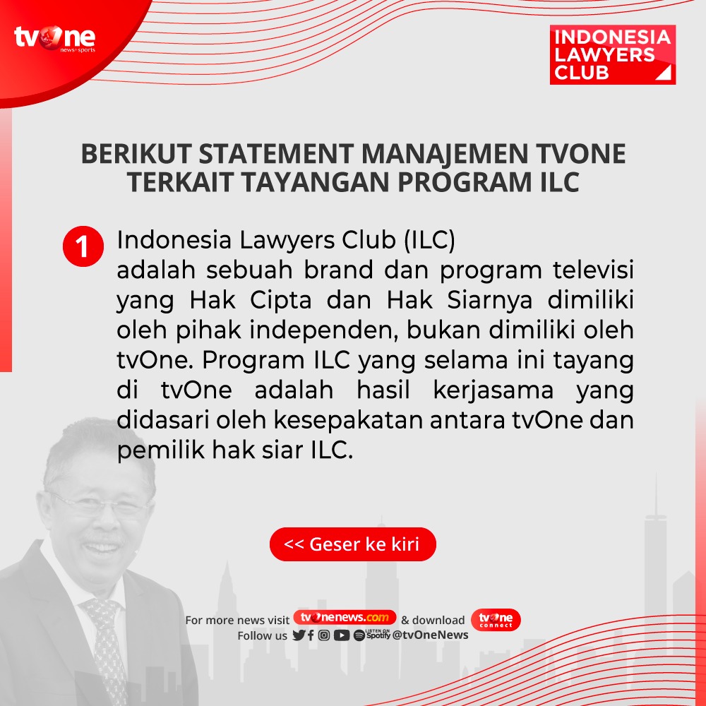 tvOneNews's tweet photo. Selamat malam pemirsa tvOne. Berikut statement manajemen tvOne terkait tayangan program Indonesia Lawyers Club (ILC).

Segenap manajemen tvOne mengucapkan terima kasih untuk pecinta ILC yang selalu menantikan tayangan program ini #IndonesiaLawyersClub https://t.co/Y0d1bcGMWA