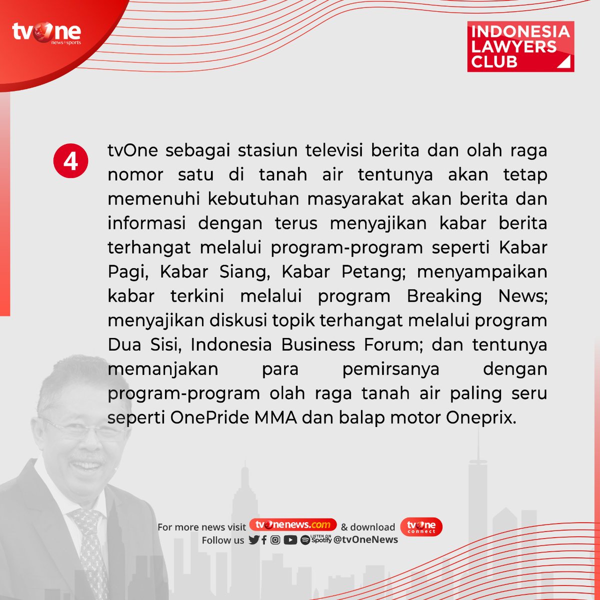 Selamat malam pemirsa tvOne. Berikut statement manajemen tvOne terkait tayangan program Indonesia Lawyers Club (ILC).

Segenap manajemen tvOne mengucapkan terima kasih untuk pecinta ILC yang selalu menantikan tayangan program ini #IndonesiaLawyersClub