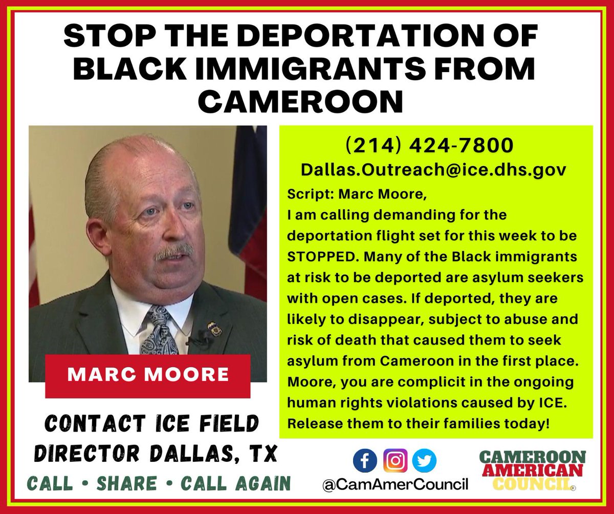 CamAmerCouncil's tweet photo. Help us call/email to stop mass deportation🙏🏾

One tool to stop deportation #CameroonTPS!

Shame that Dallas area Black Congressmembers have yet to introduce congressional resolution on #CameroonTPS, #FreeCameroonians &amp; #EndAnglophoneCrisis

@JoeBiden can do #CameroonTPS on day 1 https://t.co/8qyTEBcnUU