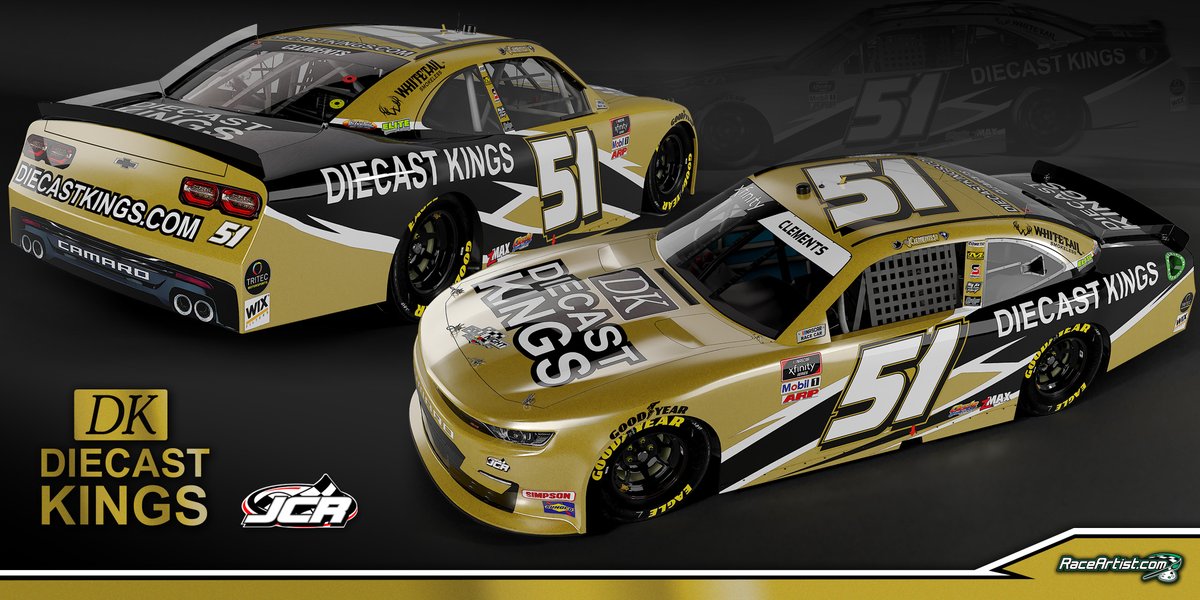 raceartist's tweet photo. A golden look for @DiecastKings @JClements51 @JCR_Clements51 at @MartinsvilleSwy in the @NASCAR_Xfinity Series next year. Fans can once again get their name on the car / diecast. Visit https://t.co/Yfy9nHYeVx for details on how to #RideWithJeremy! https://t.co/tALg4QlDcM