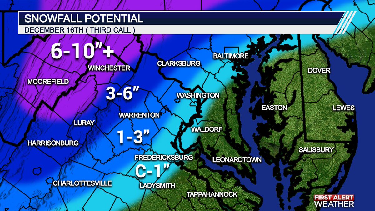 AdamMooreWX's tweet photo. Numbers on our snowfall forecast continue to get lower due to more warm air getting to the area and the rain/snow line creeping more west. Not looking good for snow lovers :( #STORMTEAM #weather @AlexKimWX @ReaganClaggWX @LivPhillipsWX @LHSEAGLESVA https://t.co/Flf6P7DJQx
